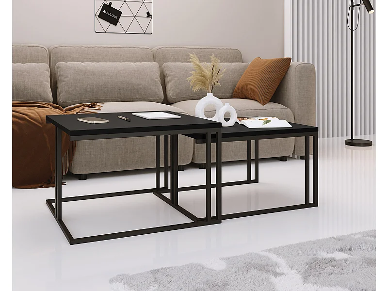 Couchtisch Set Cameron 76/66 cm, 2er-Set Beistelltisch Quadratisch, Wohnzimmertisch Industrial, Sofatisch mit Metallgestell Schwarz, Kaffeetisch Modern - Schwarz