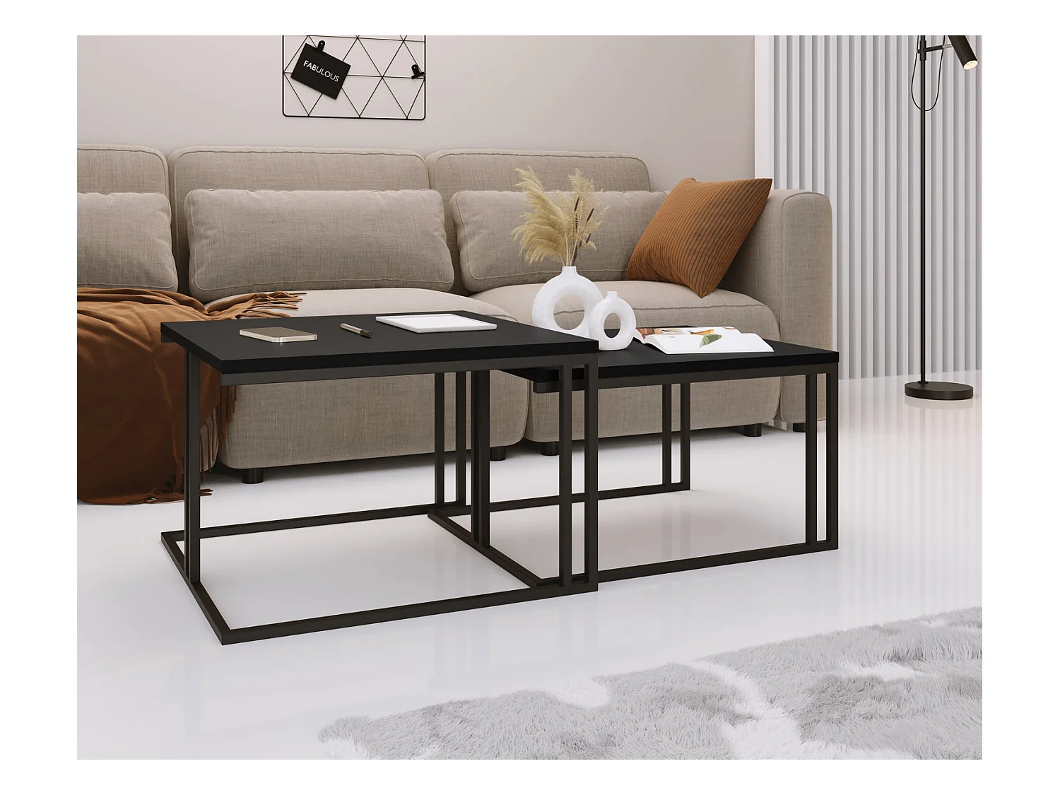 Set de 2 Tables Basses Gigognes Cameron 76/66 cm - Style Industriel, Piètement Métal Blanc - Table de Salon - Noir