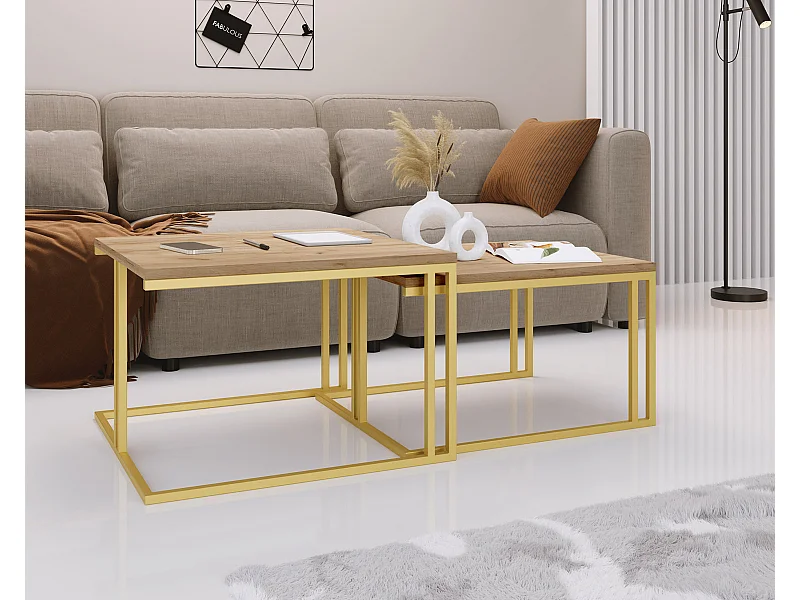 Couchtisch Set Virgo 76/66 cm, 2er-Set Beistelltisch Quadratisch, Wohnzimmertisch Industrial, Sofatisch mit Metallgestell Gold, Kaffeetisch Modern - Eiche Craft