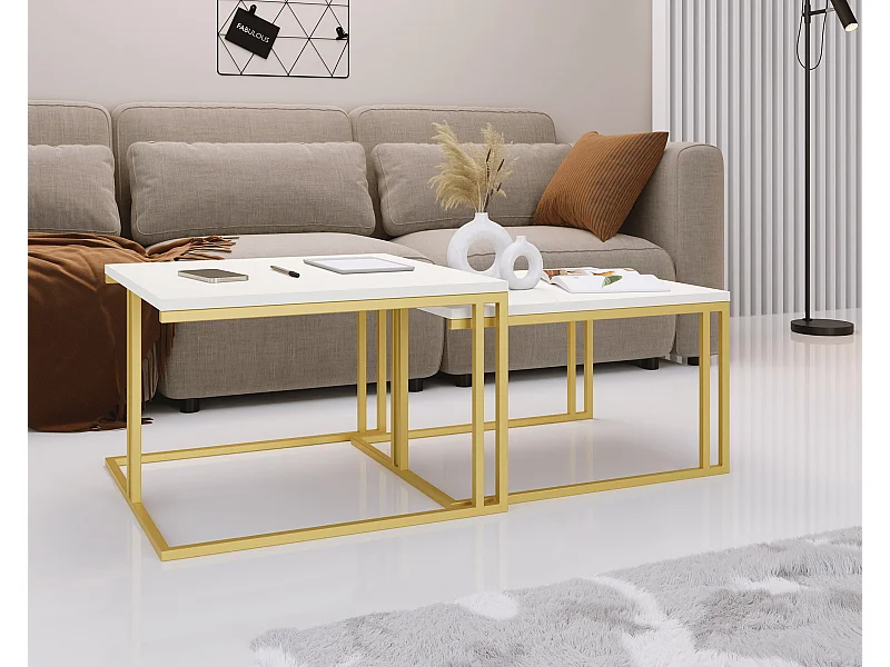 Couchtisch Set Virgo 76/66 cm, 2er-Set Beistelltisch Quadratisch, Wohnzimmertisch Industrial, Sofatisch mit Metallgestell Gold, Kaffeetisch Modern - Weiß