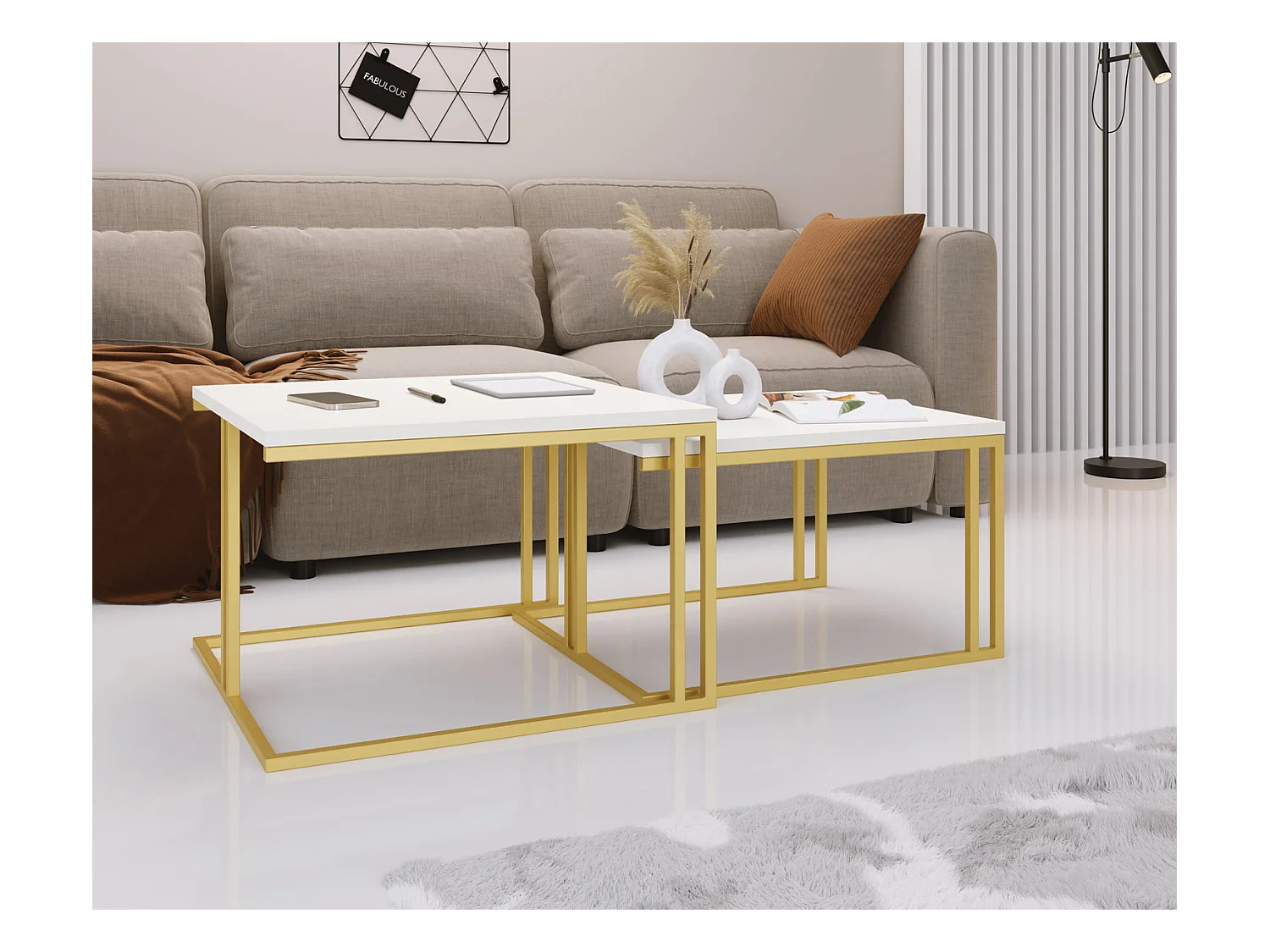 Set de 2 Tables Basses Gigognes Virgo 76/66 cm - Style Industriel, Piètement Métal Doré - Table de Salon - Blanc