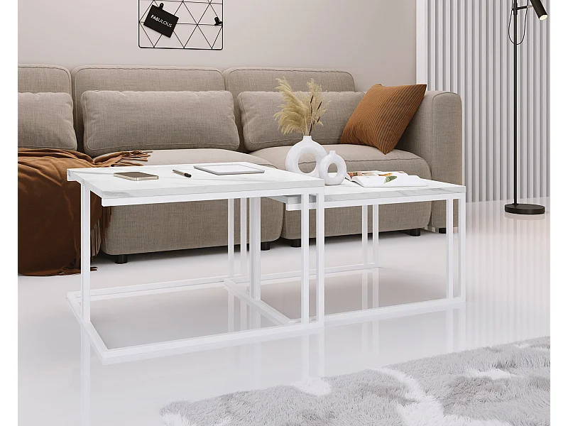 Couchtisch Set Capri 76/66 cm, 2er-Set Beistelltisch Quadratisch, Wohnzimmertisch Industrial, Sofatisch mit Metallgestell Weiß, Kaffeetisch Modern - Marmor Weiß