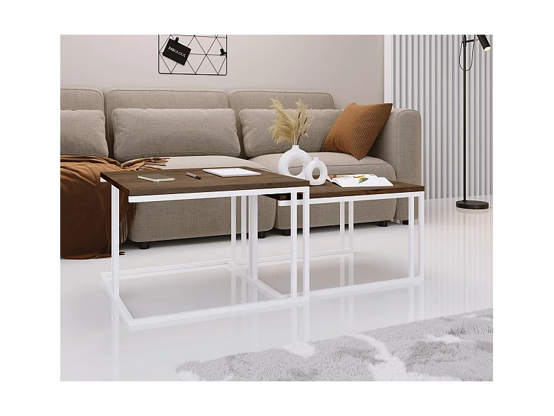 Couchtisch Set Capri 76/66 cm, 2er-Set Beistelltisch Quadratisch, Wohnzimmertisch Industrial, Sofatisch mit Metallgestell Weiß, Kaffeetisch Modern - Lefkas Eiche