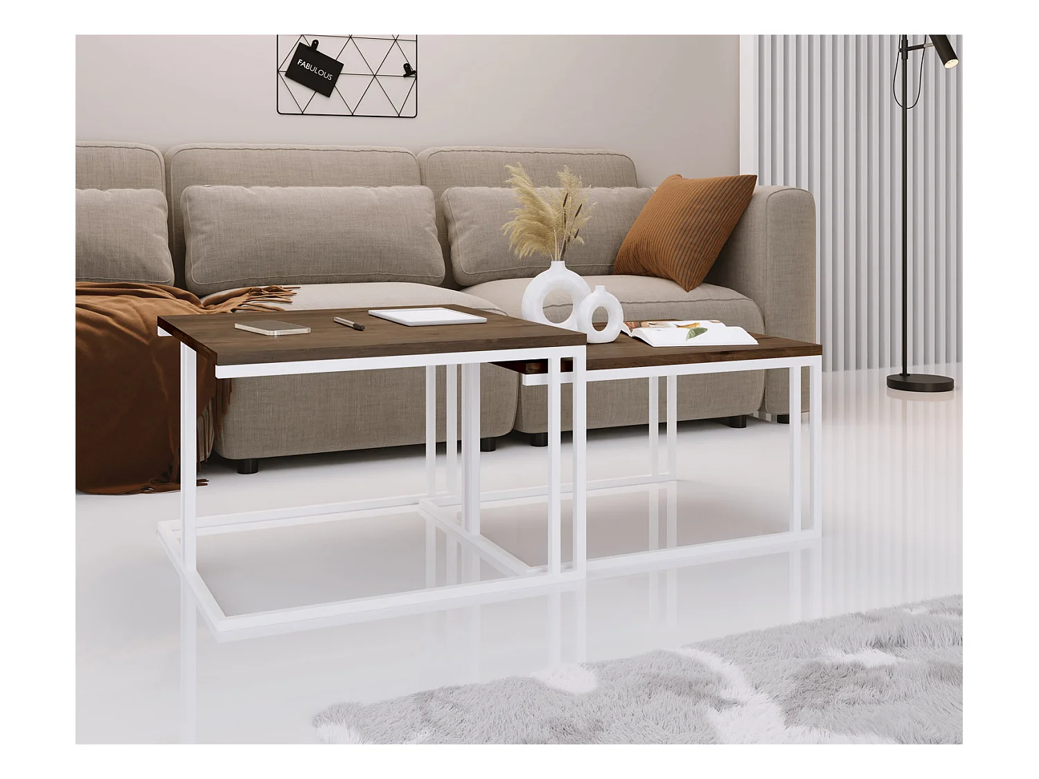 Set de 2 Tables Basses Gigognes Capri 76/66 cm - Style Industriel, Piètement Métal Blanc - Table de Salon - Chêne Lefkas
