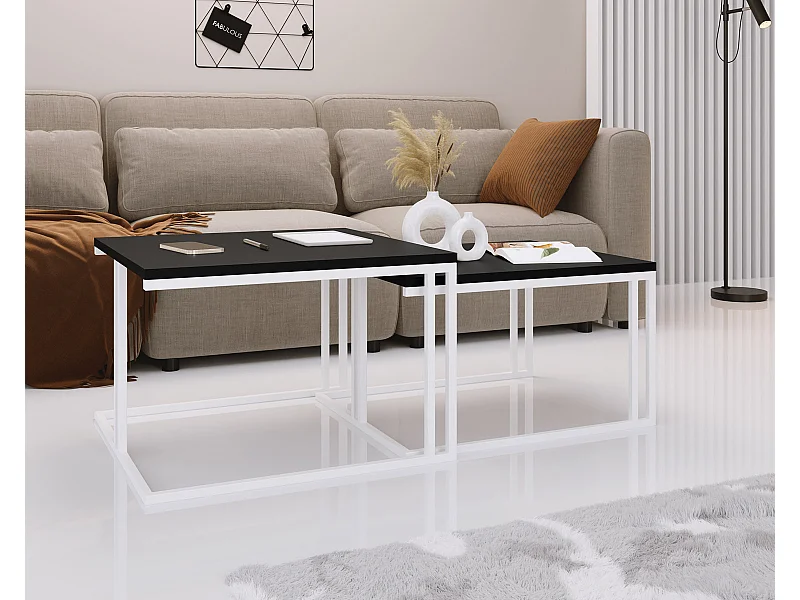 Couchtisch Set Capri 76/66 cm, 2er-Set Beistelltisch Quadratisch, Wohnzimmertisch Industrial, Sofatisch mit Metallgestell Weiß, Kaffeetisch Modern - Schwarz