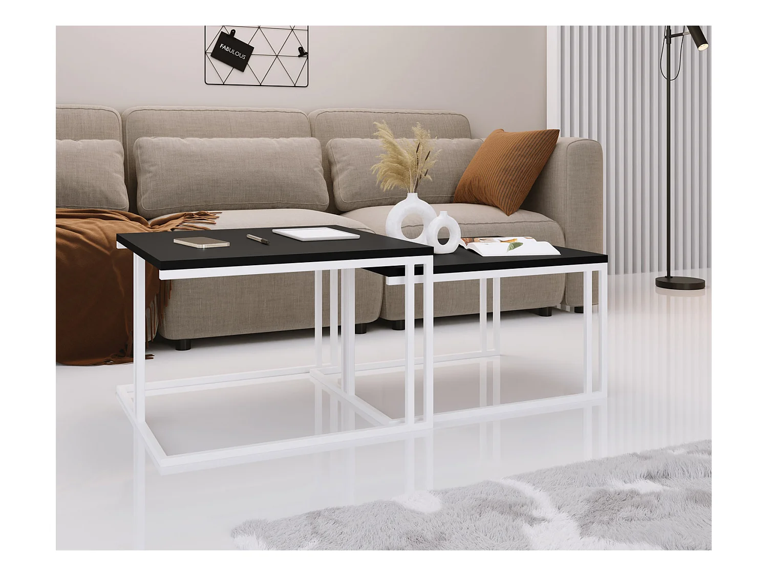 Set de 2 Tables Basses Gigognes Capri 76/66 cm - Style Industriel, Piètement Métal Blanc - Table de Salon - Noir