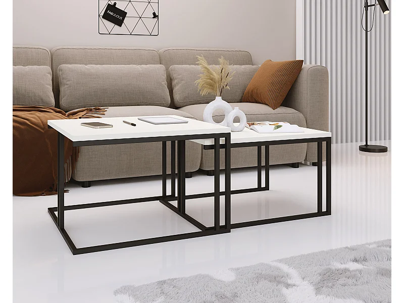 Couchtisch Set Cameron 76/66 cm, 2er-Set Beistelltisch Quadratisch, Wohnzimmertisch Industrial, Sofatisch mit Metallgestell Schwarz, Kaffeetisch Modern - Weiß