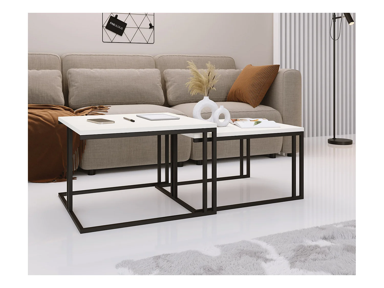 Set de 2 Tables Basses Gigognes Cameron 76/66 cm - Style Industriel, Piètement Métal Blanc - Table de Salon - Blanc