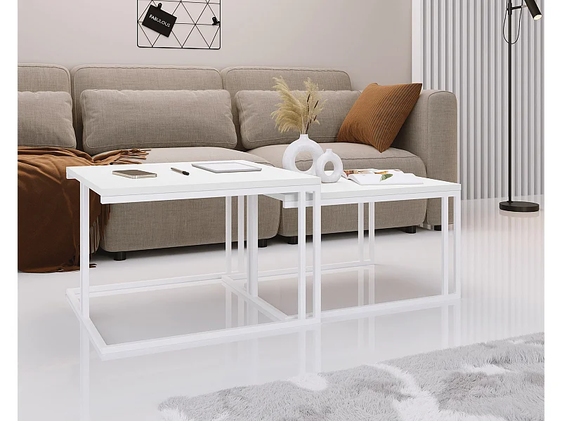 Couchtisch Set Capri 76/66 cm, 2er-Set Beistelltisch Quadratisch, Wohnzimmertisch Industrial, Sofatisch mit Metallgestell Weiß, Kaffeetisch Modern - Weiß