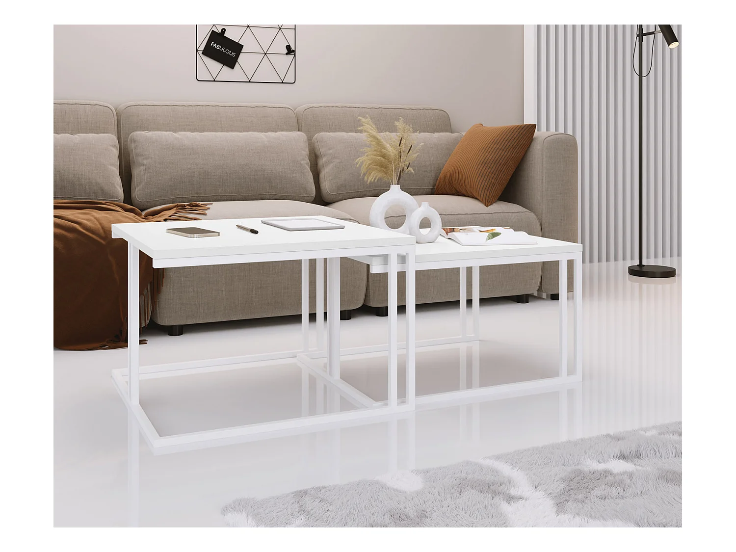 Set de 2 Tables Basses Gigognes Capri 76/66 cm - Style Industriel, Piètement Métal Blanc - Table de Salon - Blanc