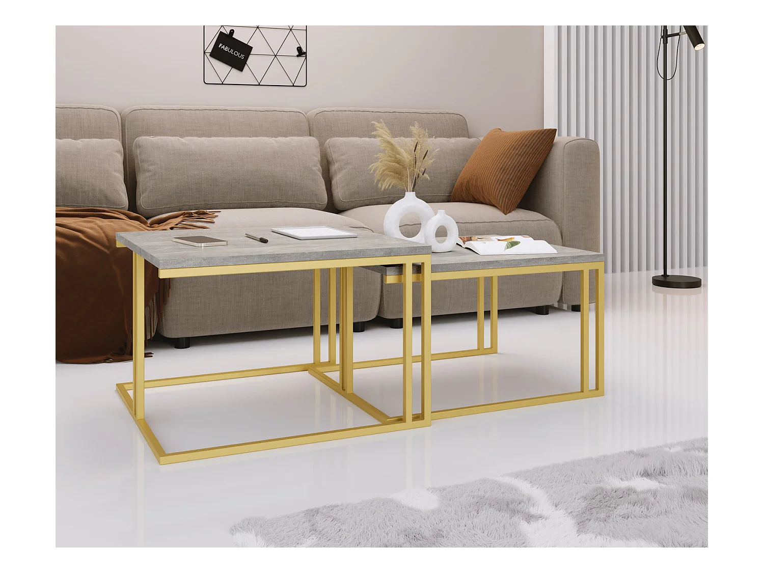Set de 2 Tables Basses Gigognes Virgo 76/66 cm - Style Industriel, Piètement Métal Doré - Table de Salon - Béton Gris