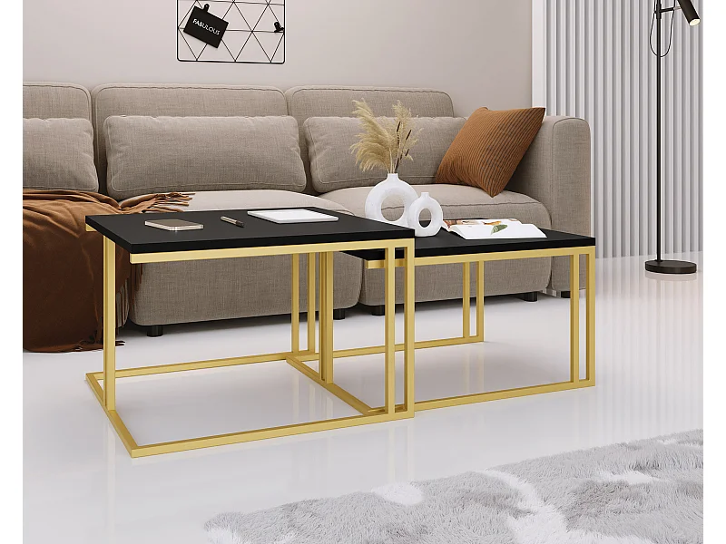 Couchtisch Set Virgo 76/66 cm, 2er-Set Beistelltisch Quadratisch, Wohnzimmertisch Industrial, Sofatisch mit Metallgestell Gold, Kaffeetisch Modern - Schwarz