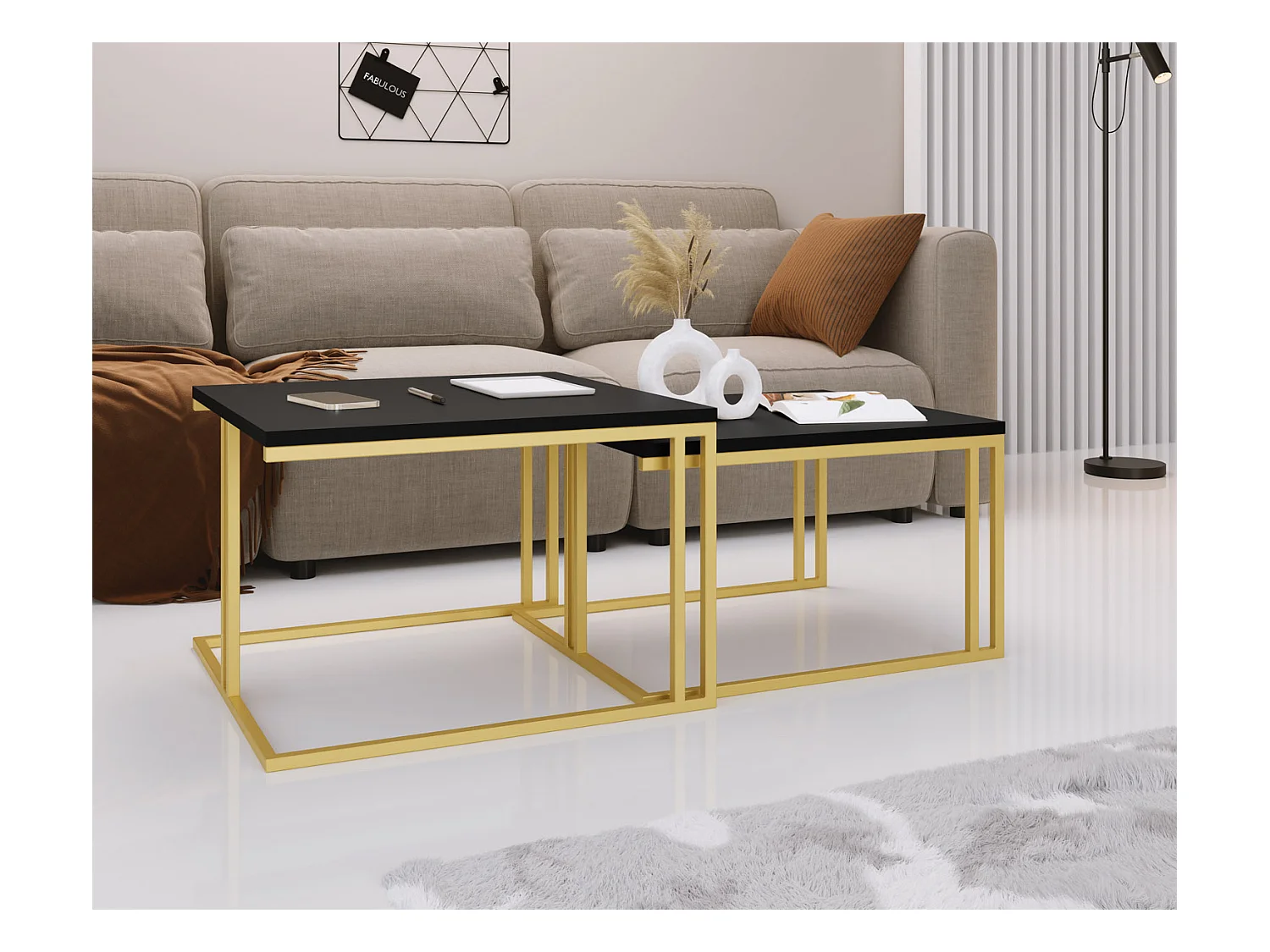 Set de 2 Tables Basses Gigognes Virgo 76/66 cm - Style Industriel, Piètement Métal Doré - Table de Salon - Noir