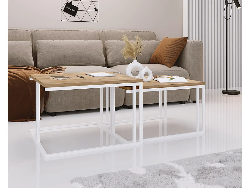 Couchtisch Set Capri 76/66 cm, 2er-Set Beistelltisch Quadratisch, Wohnzimmertisch Industrial, Sofatisch mit Metallgestell Weiß, Kaffeetisch Modern - Craft Eiche