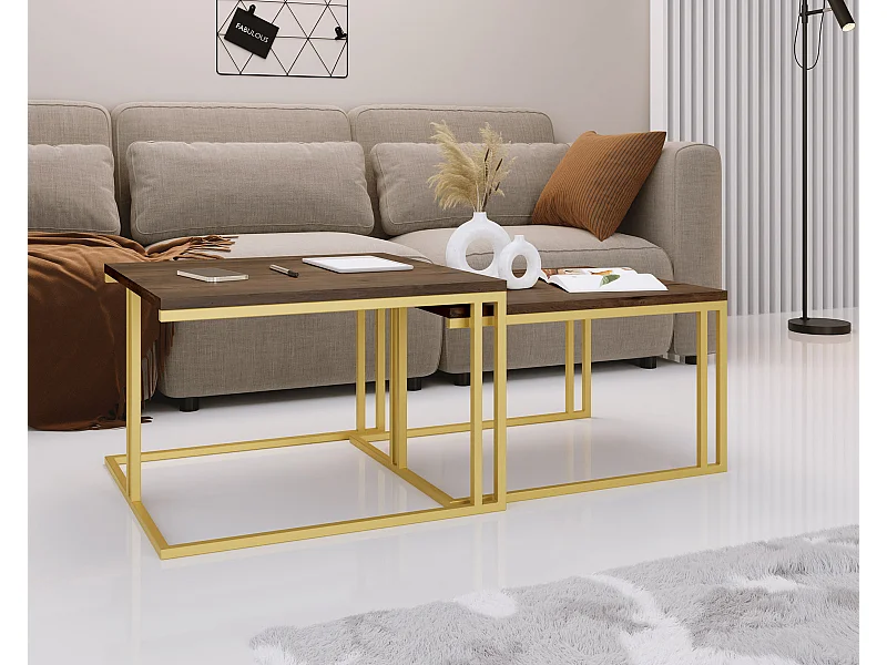 Couchtisch Set Virgo 76/66 cm, 2er-Set Beistelltisch Quadratisch, Wohnzimmertisch Industrial, Sofatisch mit Metallgestell Gold, Kaffeetisch Modern - Lefkas Eiche