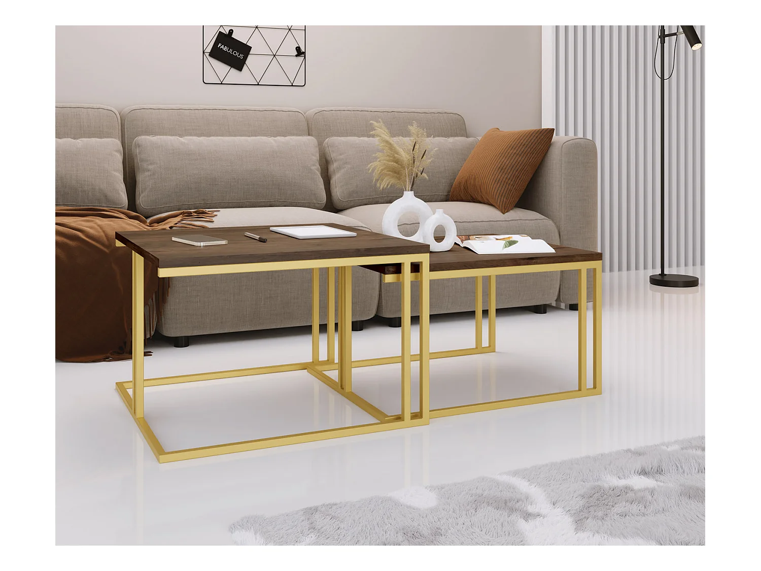 Set de 2 Tables Basses Gigognes Virgo 76/66 cm - Style Industriel, Piètement Métal Doré - Table de Salon - Chêne Lefkas