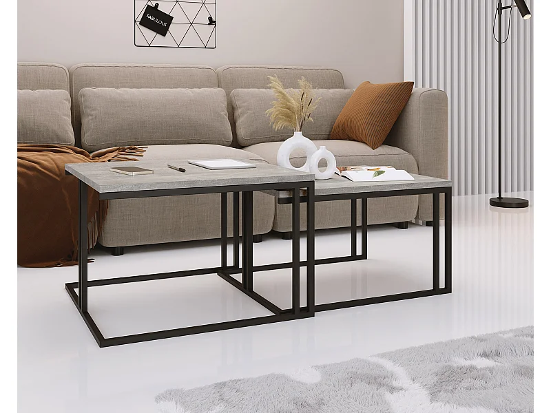 Couchtisch Cameron 76/66 cm, 2er-Set Beistelltisch Quadratisch, Wohnzimmertisch Industrial, Sofatisch mit Metallgestell Schwarz, Kaffeetisch Modern - Grauer Beton