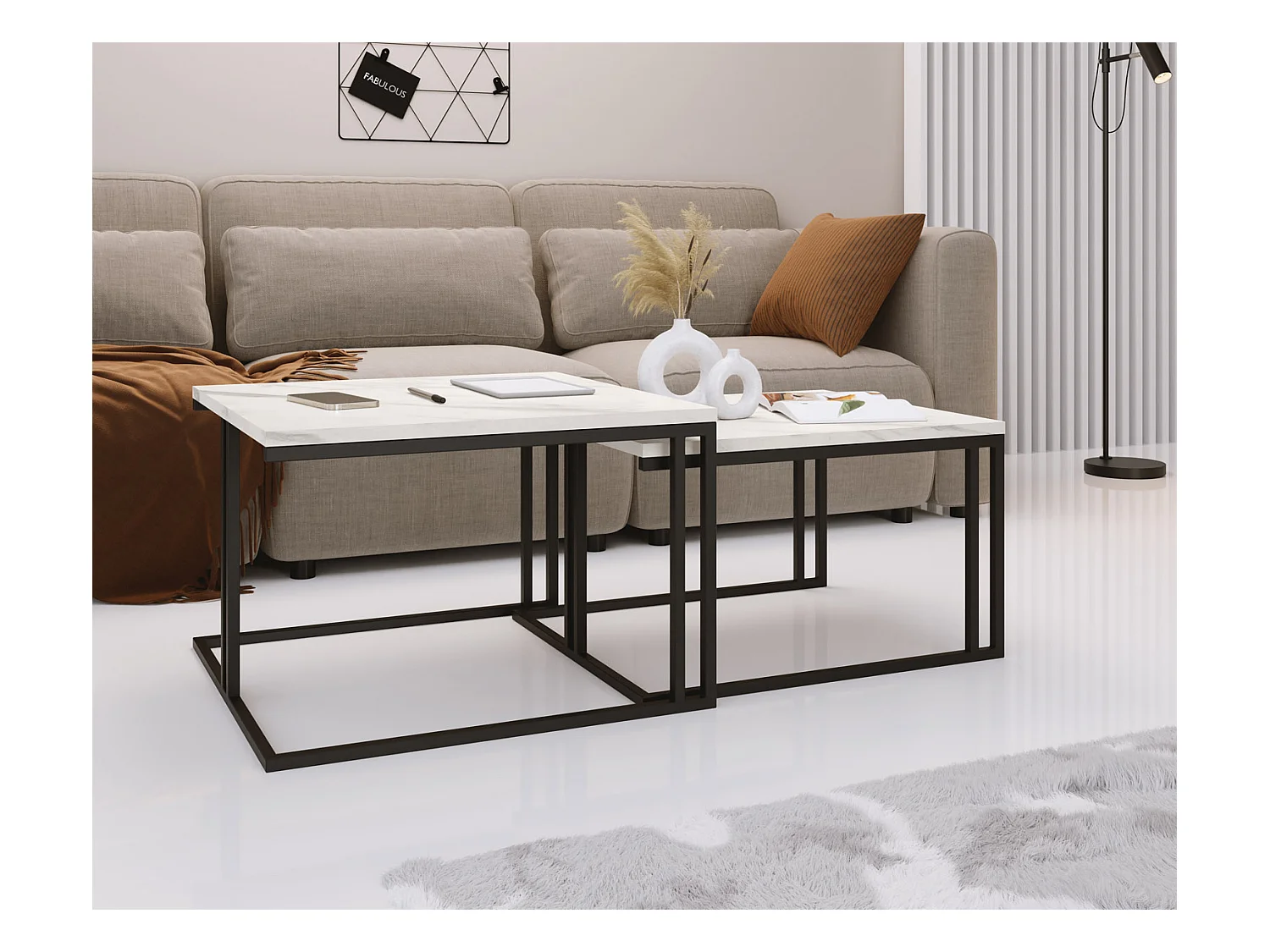 Couchtisch Cameron 76/66 cm, 2er-Set Beistelltisch Quadratisch, Wohnzimmertisch Industrial, Sofatisch mit Metallgestell Schwarz, Kaffeetisch Modern - Marmor Weiß