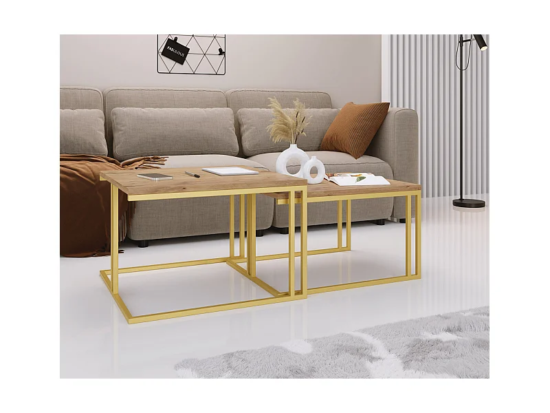 Couchtisch Set Virgo 76/66 cm, 2er-Set Beistelltisch Quadratisch, Wohnzimmertisch Industrial, Sofatisch mit Metallgestell Gold, Kaffeetisch Modern - Lancelot Eiche
