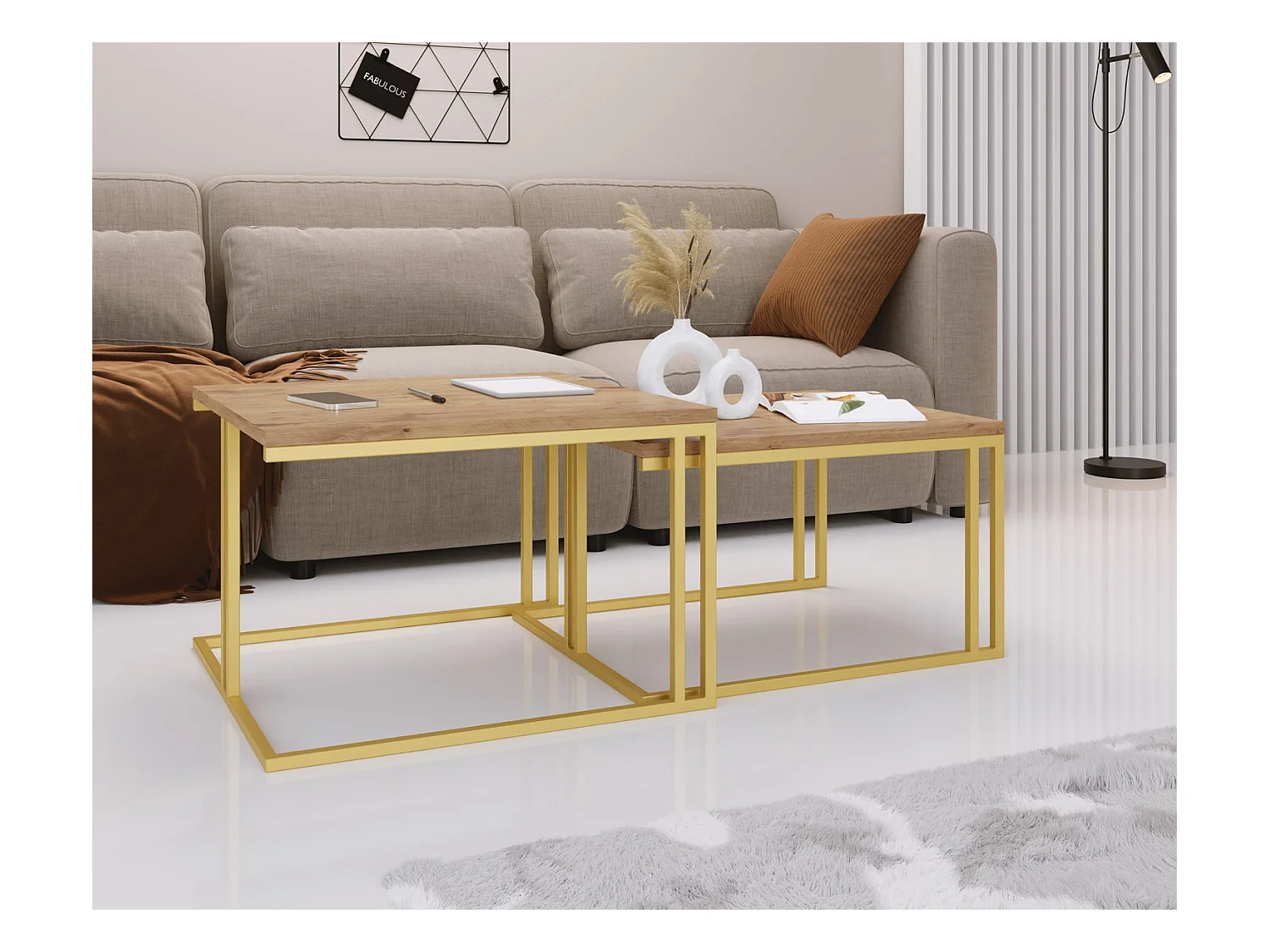 Set de 2 Tables Basses Gigognes Virgo 76/66 cm - Style Industriel, Piètement Métal Doré - Table de Salon - Chêne Lancelot