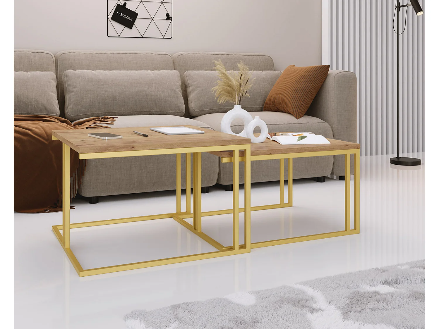 Set de 2 Tables Basses Gigognes Virgo 76/66 cm - Style Industriel, Piètement Métal Doré - Table de Salon - Chêne Lancelot