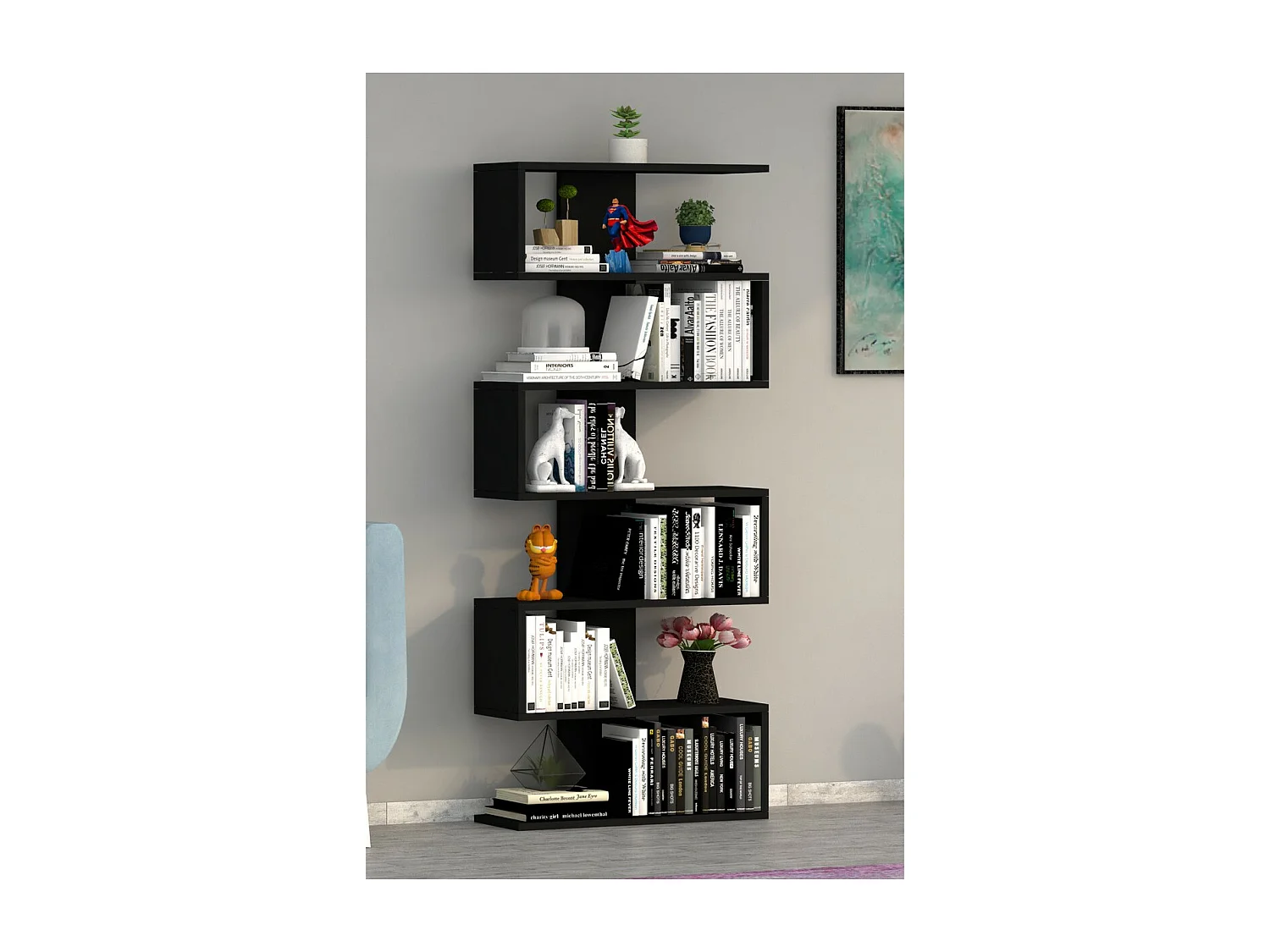 Bibliothèque Leo, Noir, 22x65x160 cm, Epikasa