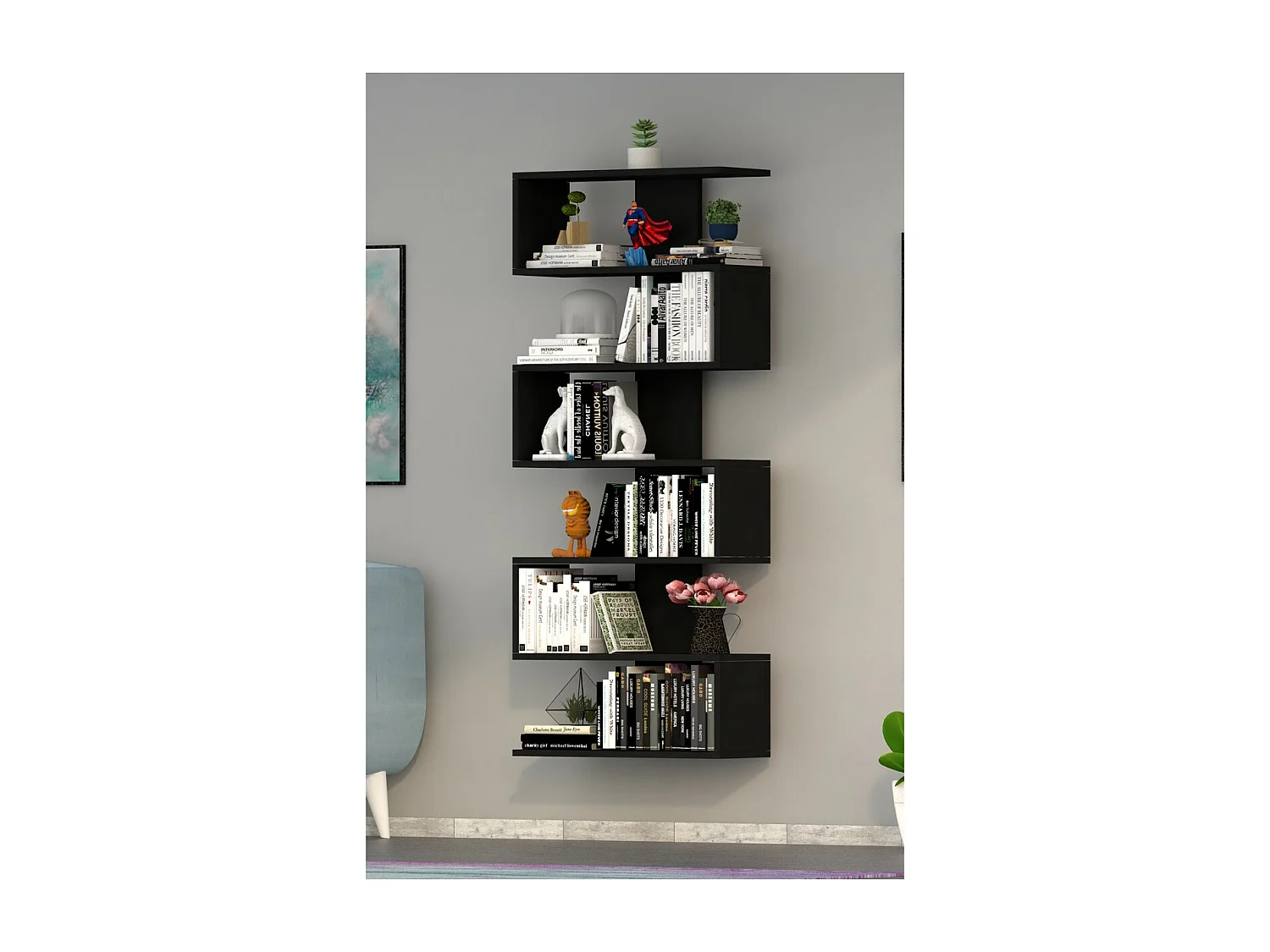 Bibliothèque Leo, Noir, 22x65x160 cm, Epikasa