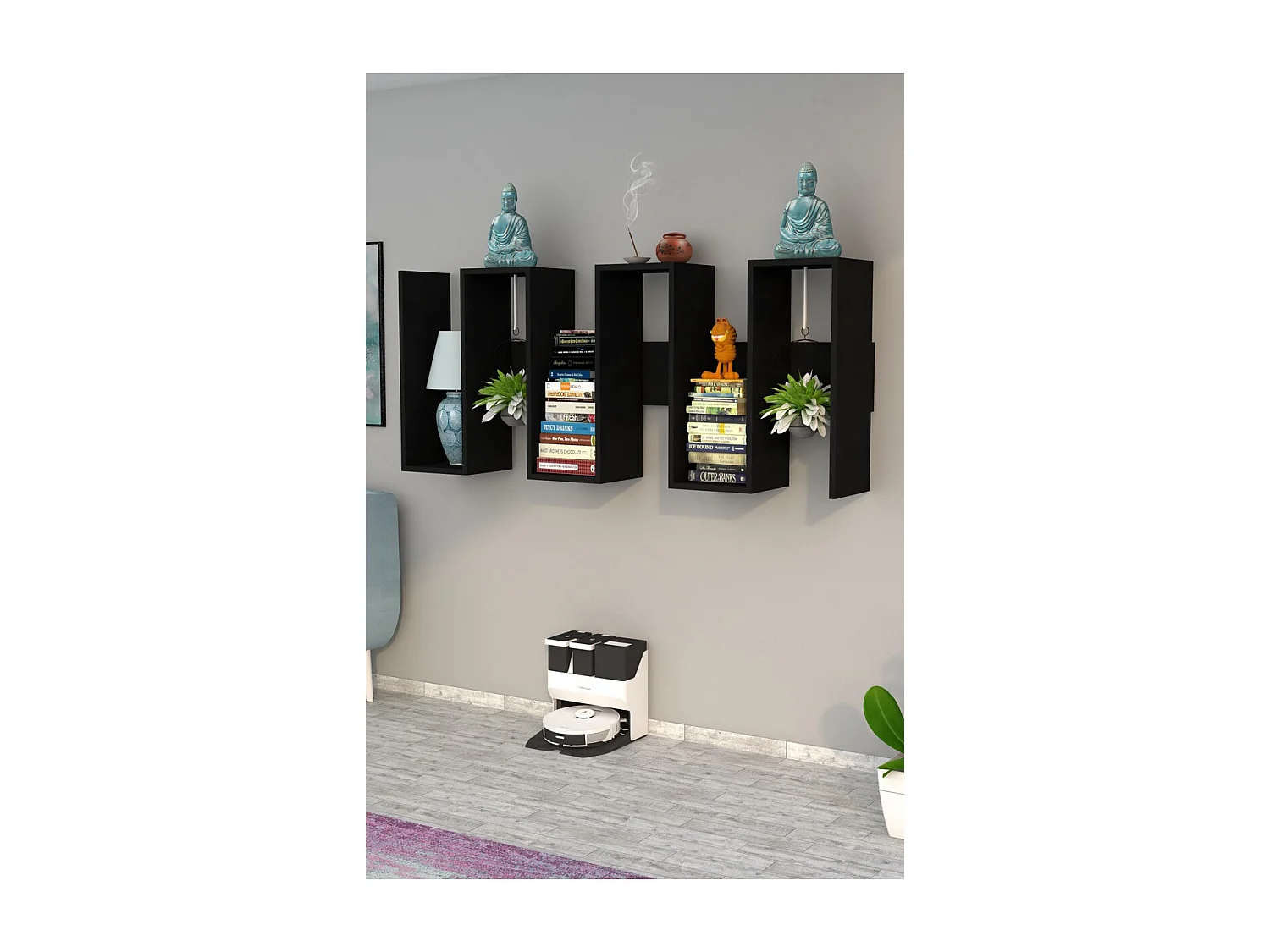 Bibliothèque Leo, Noir, 22x65x160 cm, Epikasa