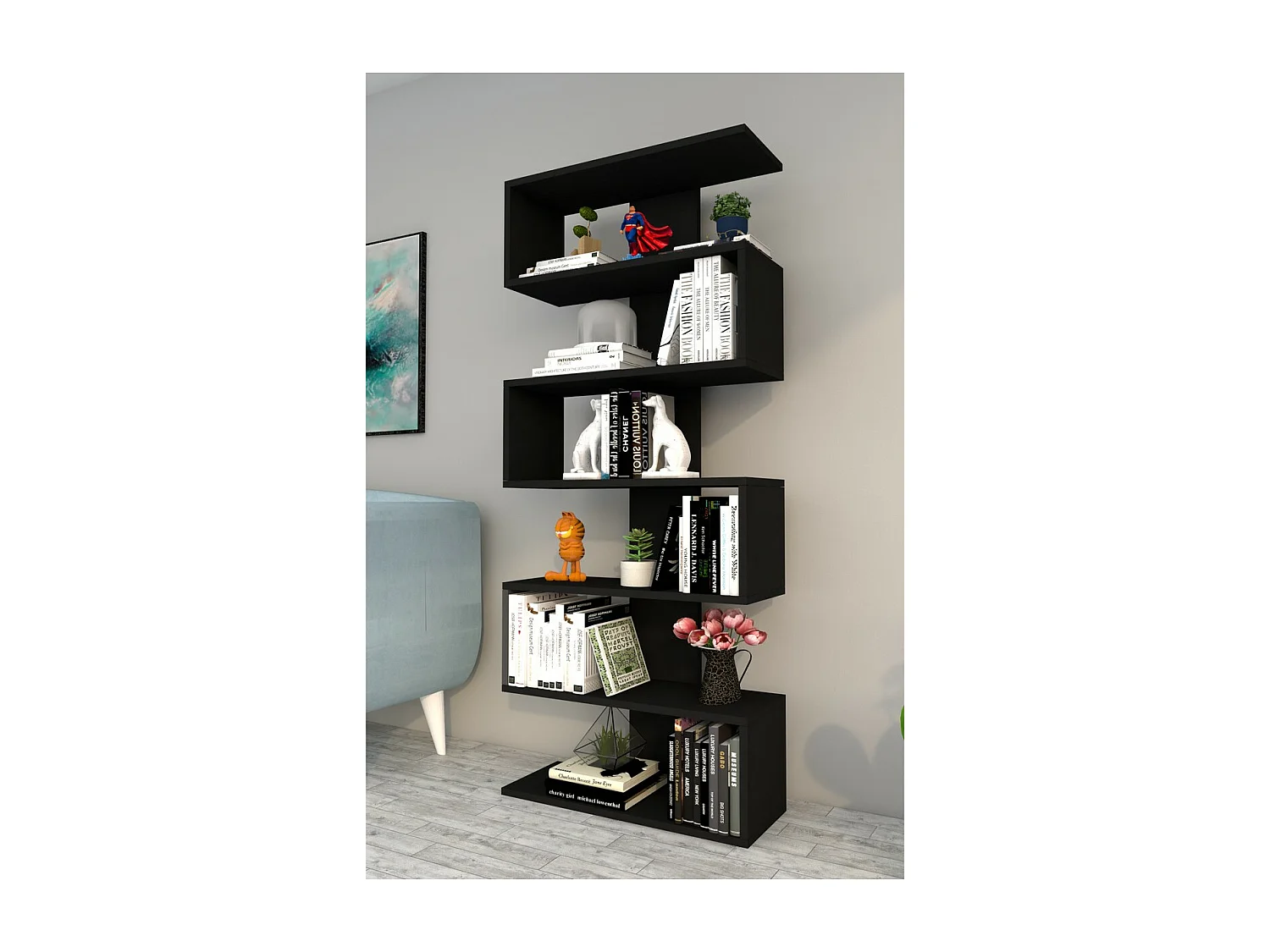 Bibliothèque Leo, Noir, 22x65x160 cm, Epikasa