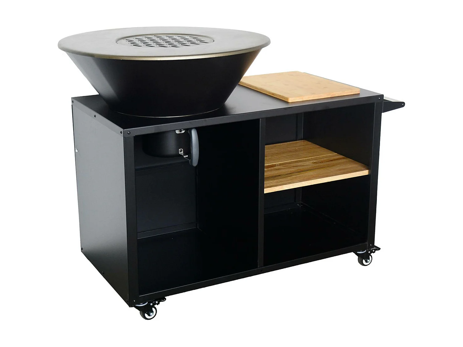 Brasero barbecue  Ø80cm - Stromboli - coloris noir avec grille de cuisson et espace de rangement. L 138 x P 82 x H 114 cm