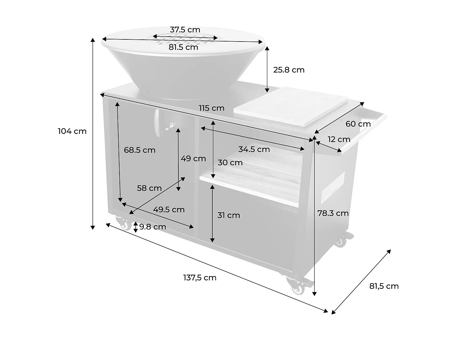 Brasero barbecue  Ø80cm - Stromboli - coloris noir avec grille de cuisson et espace de rangement. L 138 x P 82 x H 114 cm
