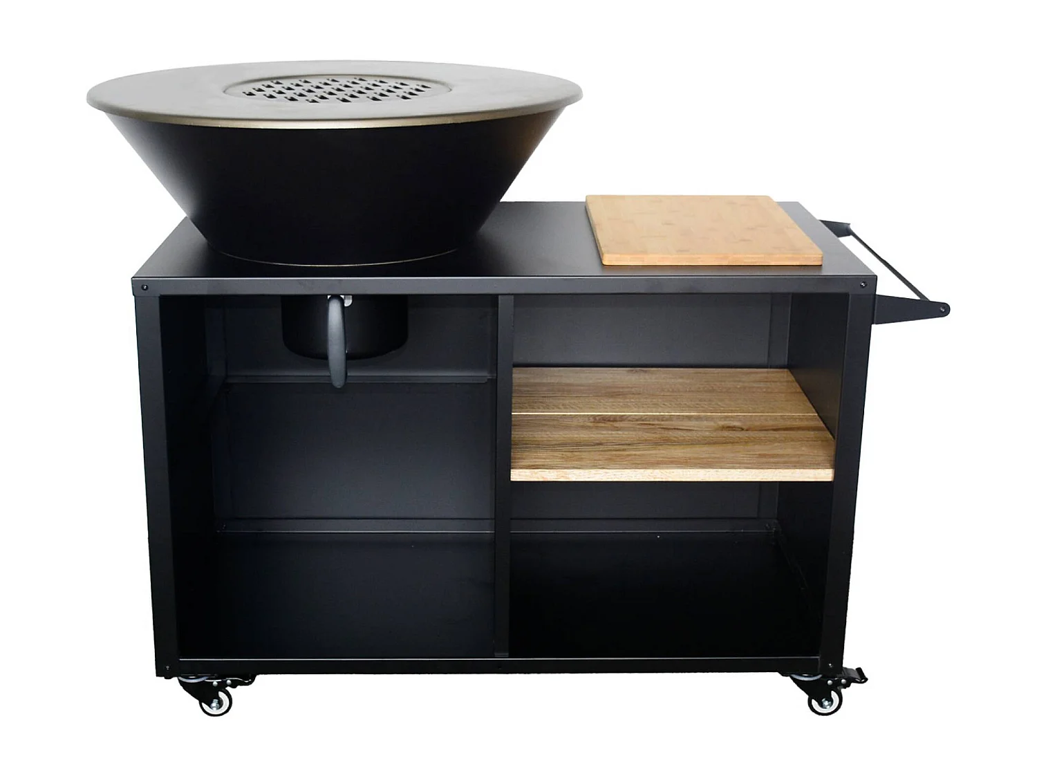 Brasero barbecue  Ø80cm - Stromboli - coloris noir avec grille de cuisson et espace de rangement. L 138 x P 82 x H 114 cm