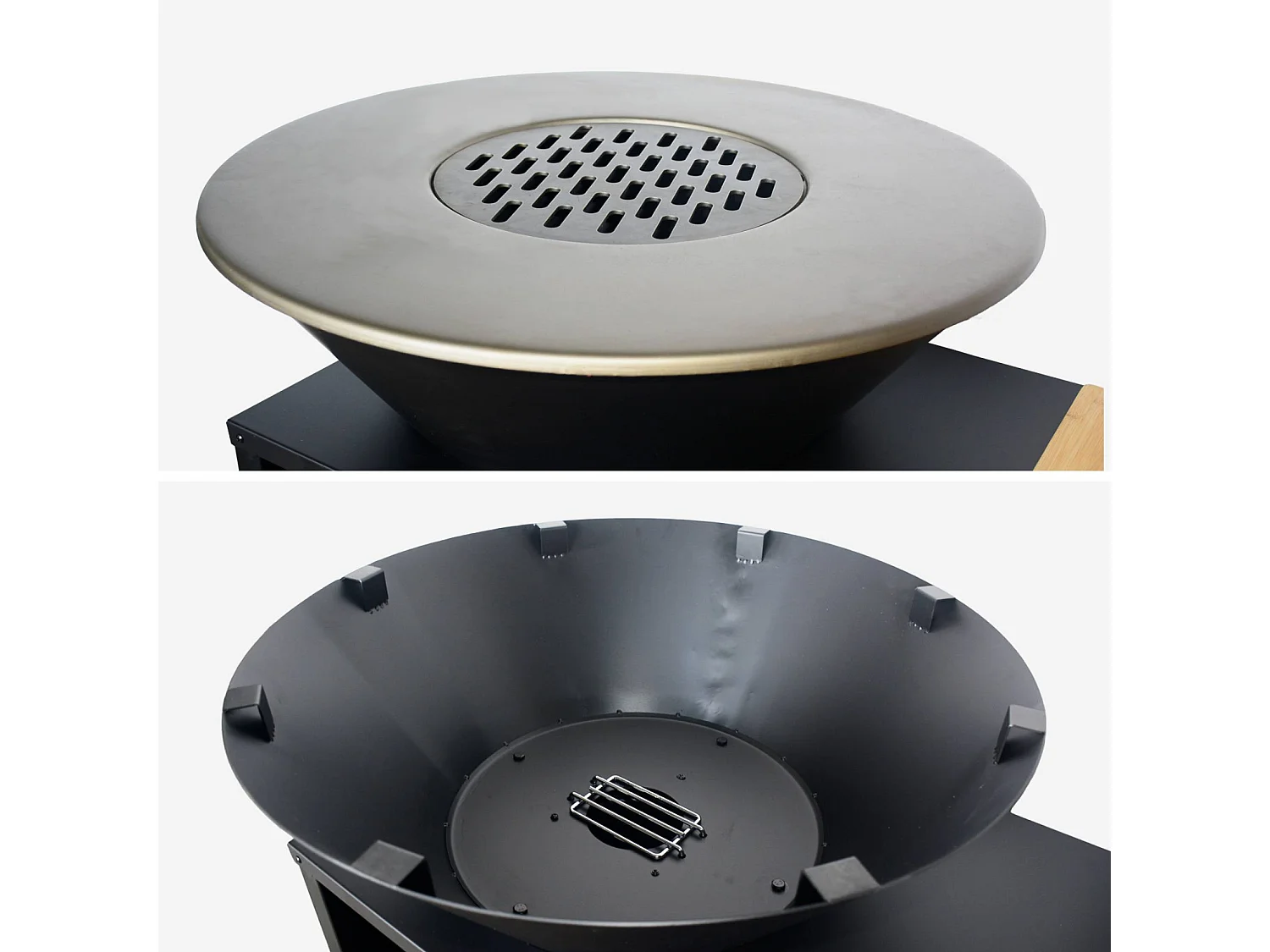 Brasero barbecue  Ø80cm - Stromboli - coloris noir avec grille de cuisson et espace de rangement. L 138 x P 82 x H 114 cm