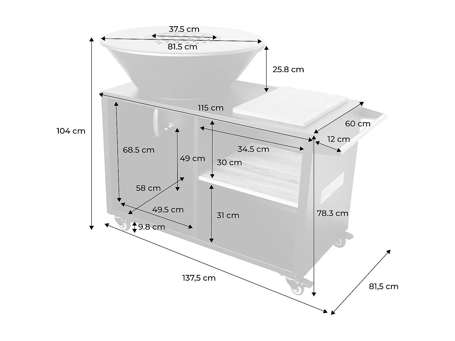 Brasero barbecue  Ø80cm - Stromboli - coloris noir avec grille de cuisson et espace de rangement. L 138 x P 82 x H 114 cm