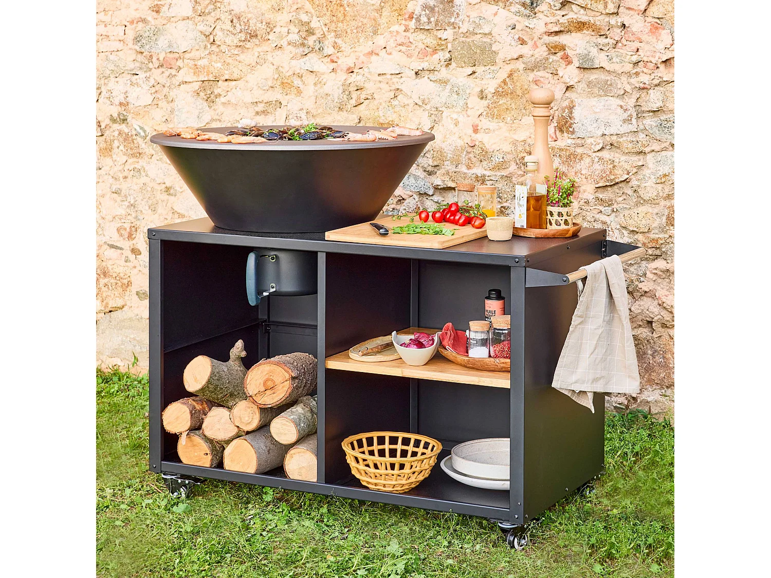 Brasero barbacoa 80cm + carrito con espacios de almacenamiento negro