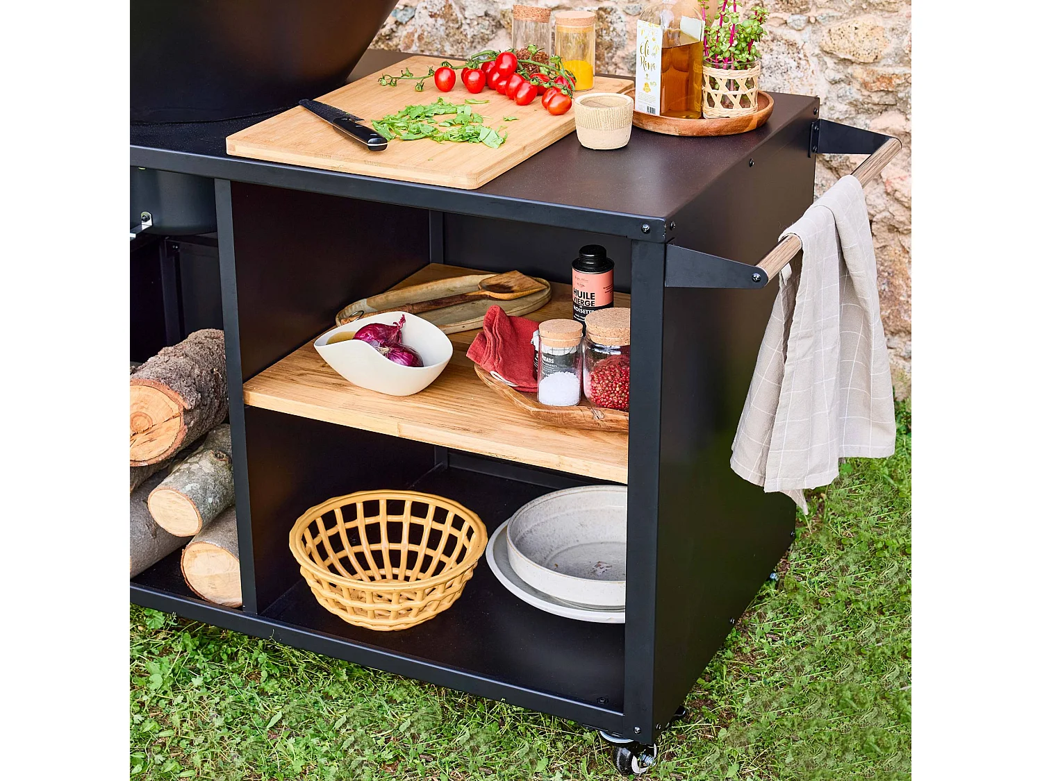 Brasero barbacoa 80cm + carrito con espacios de almacenamiento negro