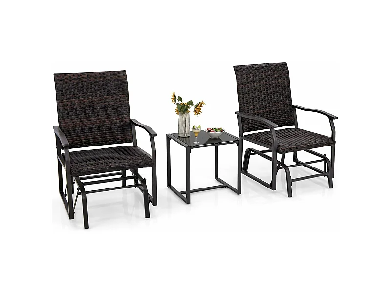 Salon de Jardin 2 Places avec Mousse à Séchage Rapide Table Basse en Verre Trempé, Ensemble de Meubles 3 Pièces de Patio Coulissants Charge 180KG,  Marron