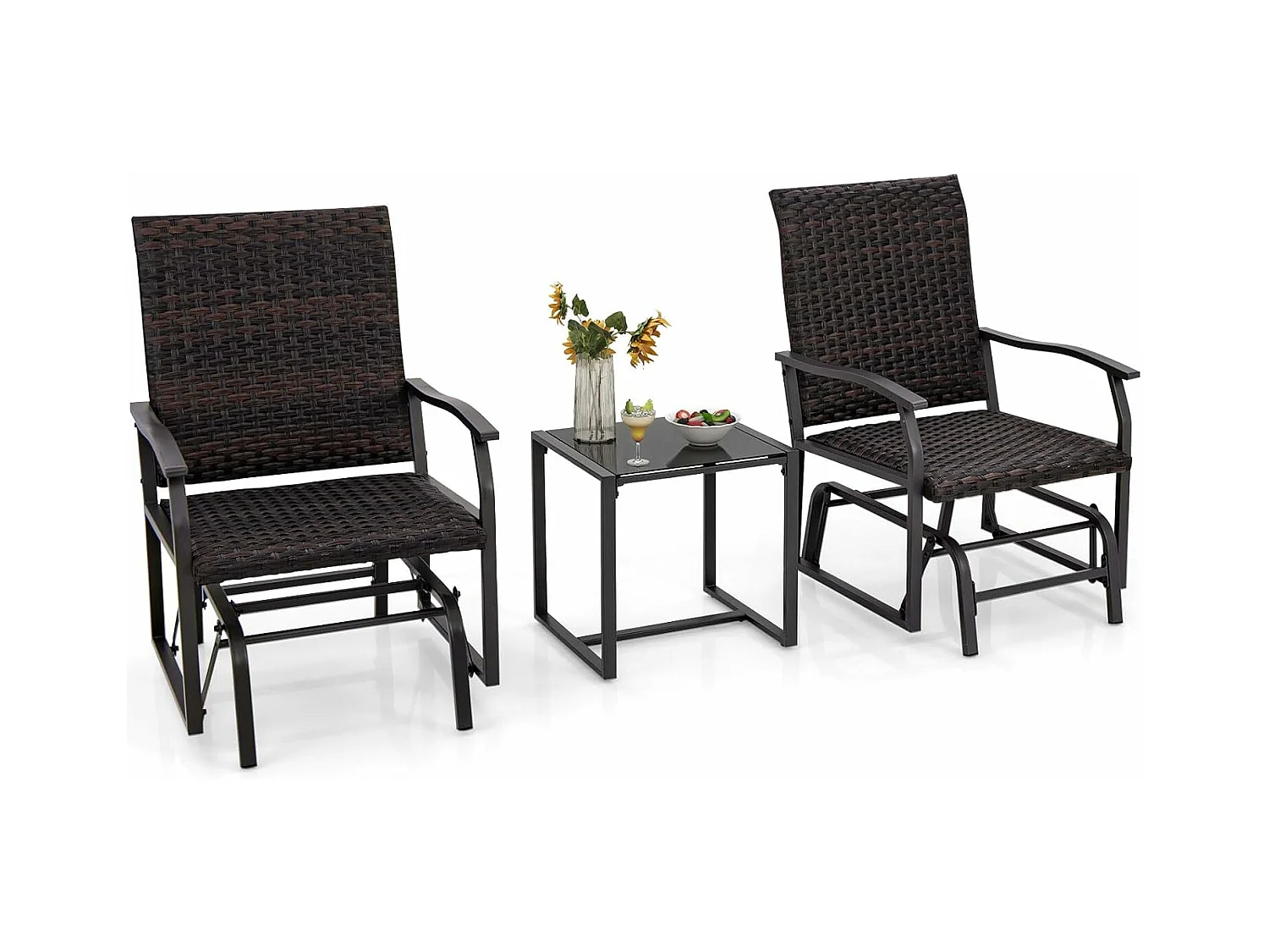 Salon de Jardin 2 Places avec Mousse à Séchage Rapide Table Basse en Verre Trempé, Ensemble de Meubles 3 Pièces de Patio Coulissants Charge 180KG,  Marron