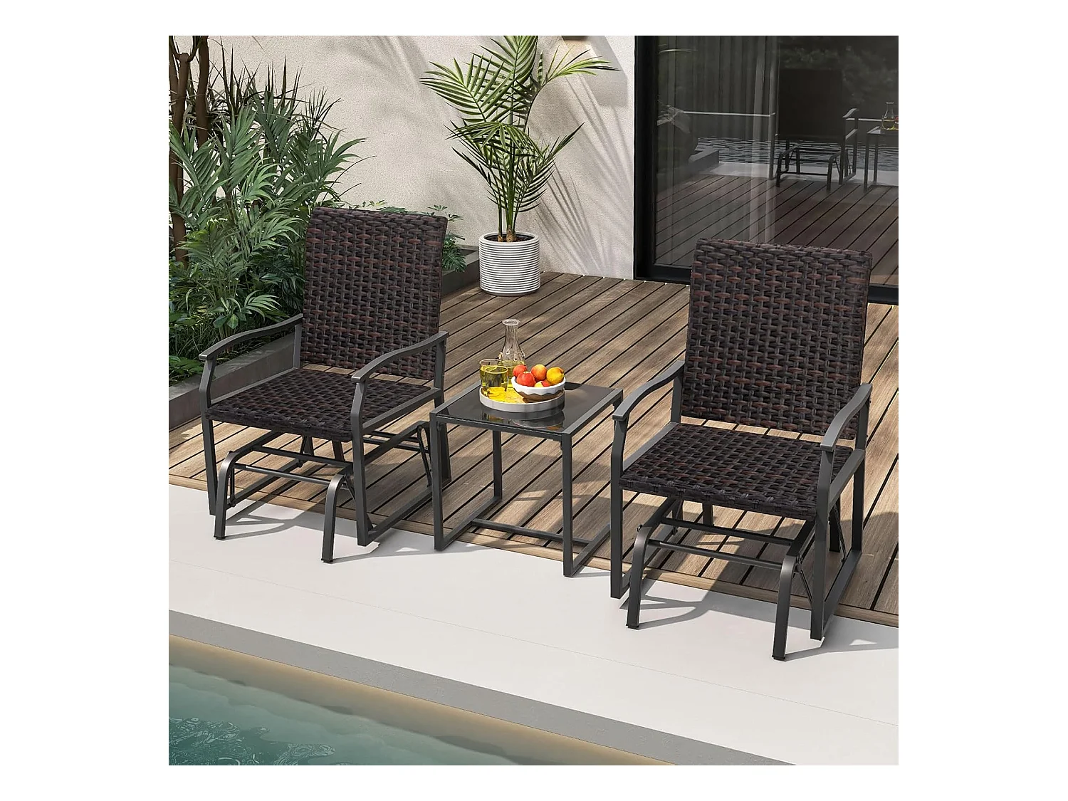 Salon de Jardin 2 Places avec Mousse à Séchage Rapide Table Basse en Verre Trempé, Ensemble de Meubles 3 Pièces de Patio Coulissants Charge 180KG,  Marron