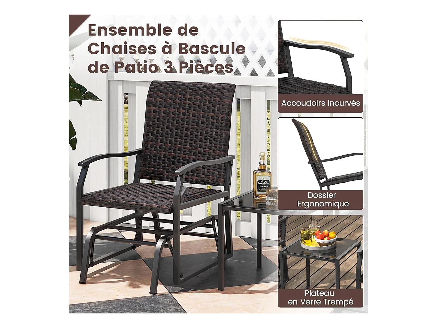 Salon de Jardin 2 Places avec Mousse à Séchage Rapide Table Basse en Verre Trempé, Ensemble de Meubles 3 Pièces de Patio Coulissants Charge 180KG,  Marron