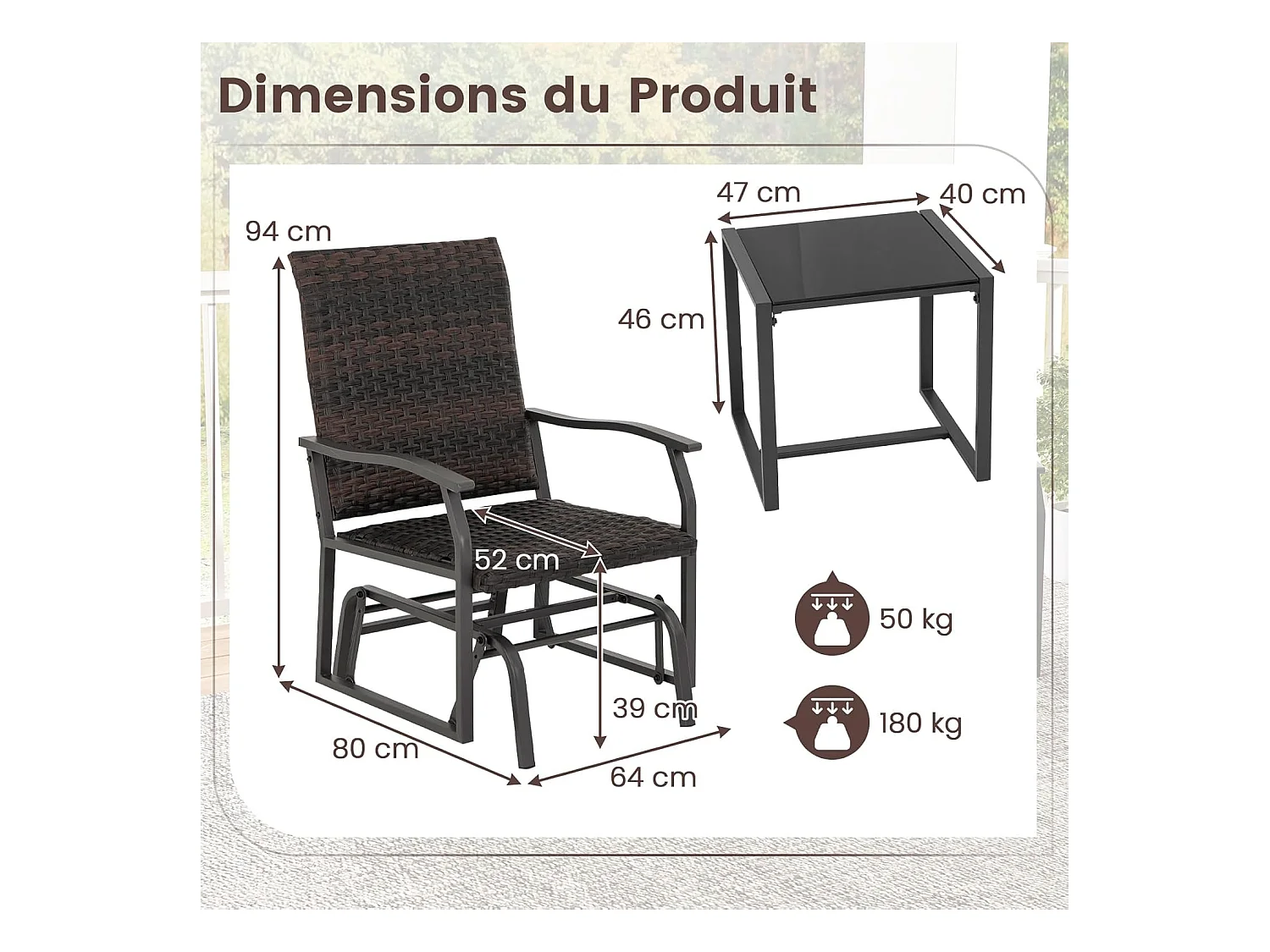 Salon de Jardin 2 Places avec Mousse à Séchage Rapide Table Basse en Verre Trempé, Ensemble de Meubles 3 Pièces de Patio Coulissants Charge 180KG,  Marron