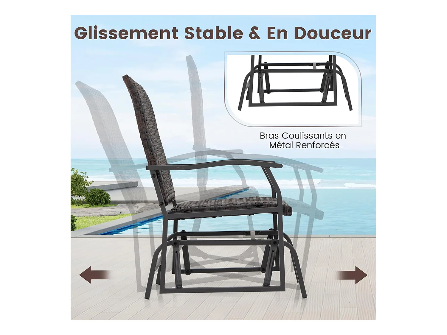 Salon de Jardin 2 Places avec Mousse à Séchage Rapide Table Basse en Verre Trempé, Ensemble de Meubles 3 Pièces de Patio Coulissants Charge 180KG,  Marron