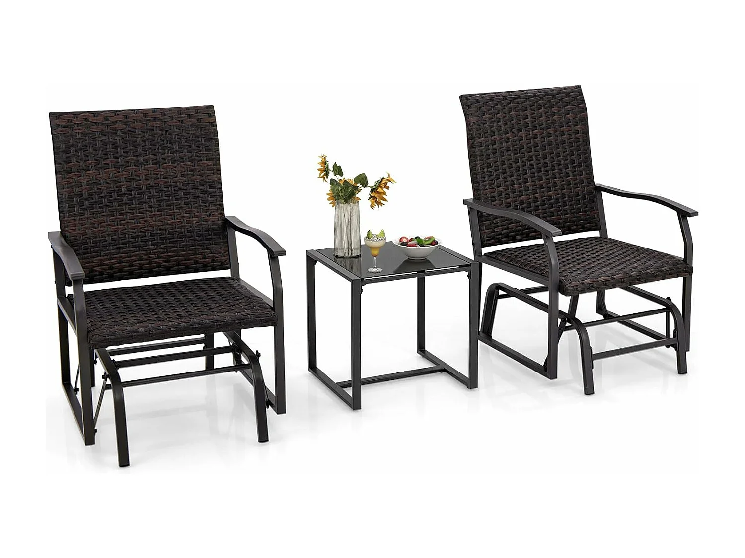 Salon de Jardin 2 Places avec Mousse à Séchage Rapide Table Basse en Verre Trempé, Ensemble de Meubles 3 Pièces de Patio Coulissants Charge 180KG,  Marron