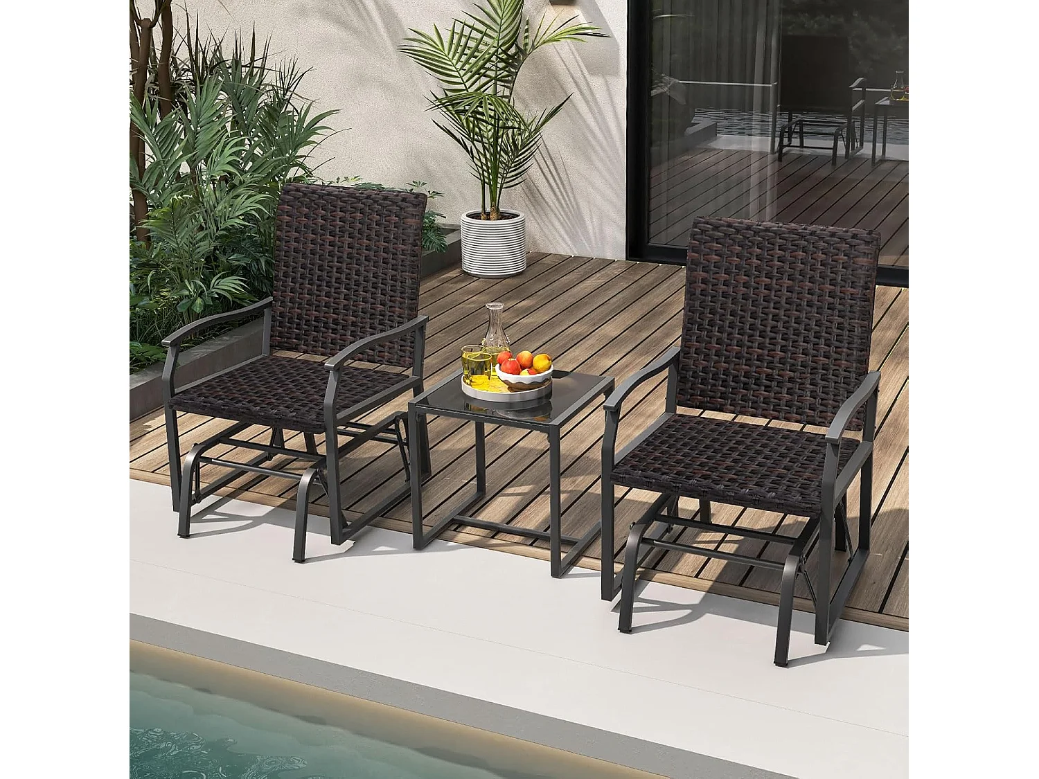 Salon de Jardin 2 Places avec Mousse à Séchage Rapide Table Basse en Verre Trempé, Ensemble de Meubles 3 Pièces de Patio Coulissants Charge 180KG,  Marron