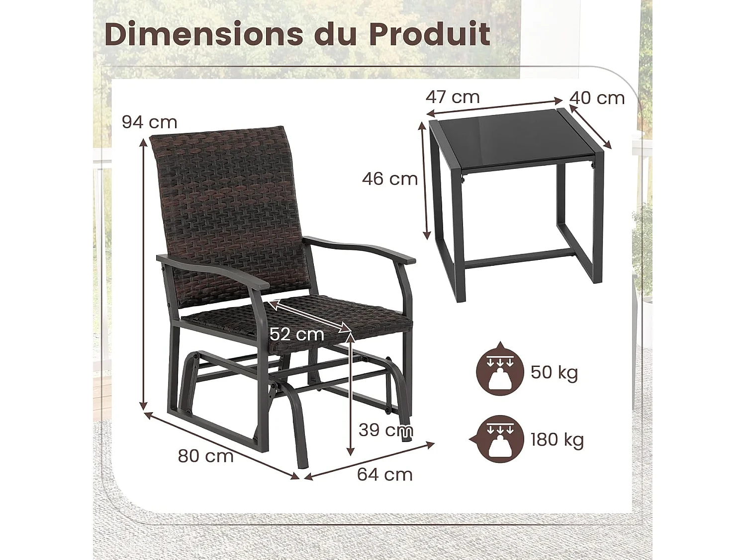 Salon de Jardin 2 Places avec Mousse à Séchage Rapide Table Basse en Verre Trempé, Ensemble de Meubles 3 Pièces de Patio Coulissants Charge 180KG,  Marron