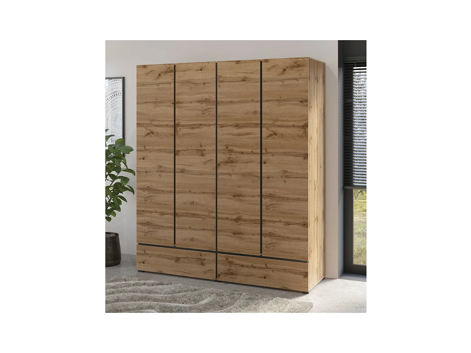 Armario HAVANA 180 cm – Roble y negro – 4 puertas y 2 cajones – Elegancia natural y gran capacidad