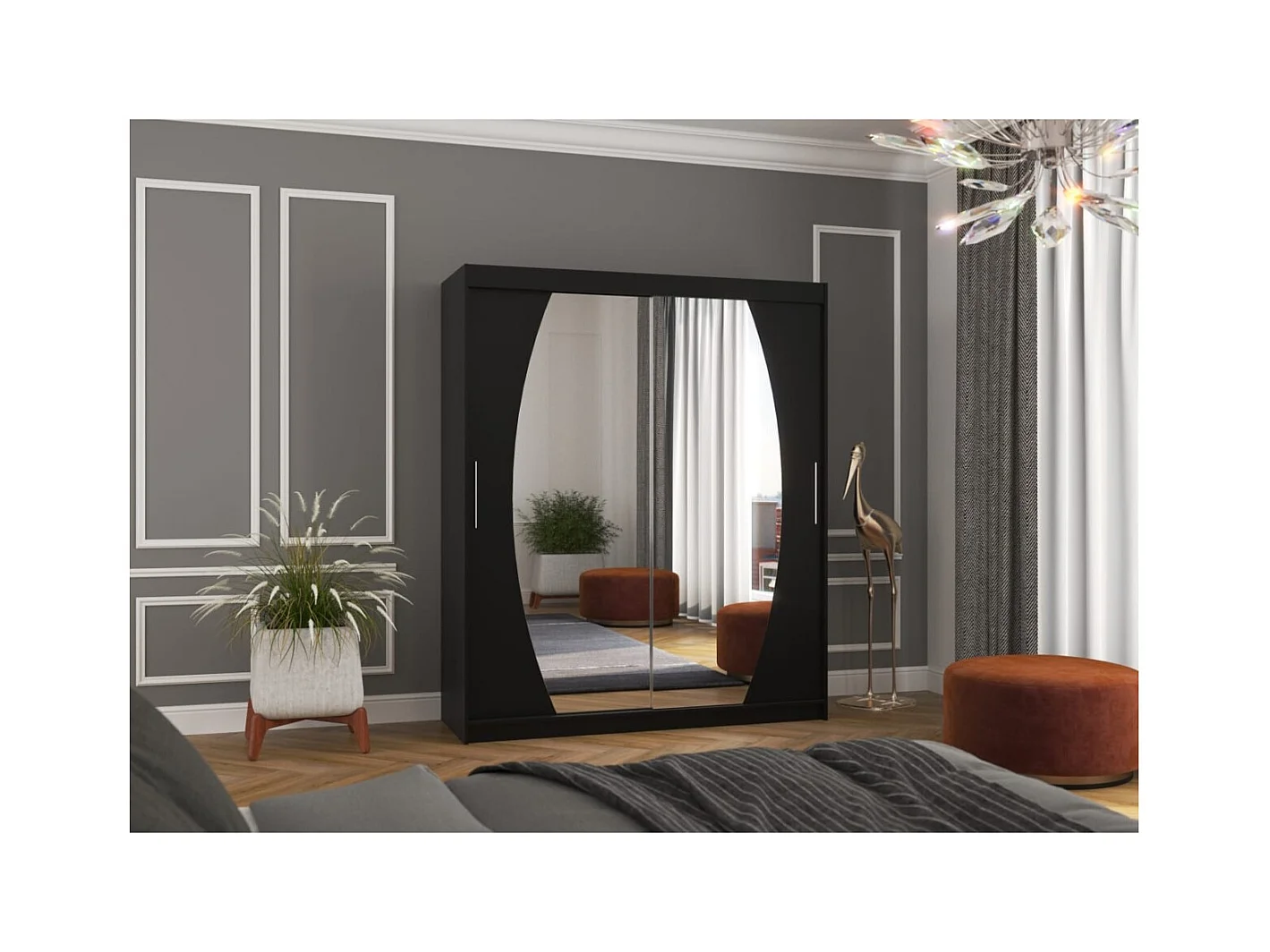 Armadio Windsor (180cm)/Ante scorrevoli/Specchio/Nero
