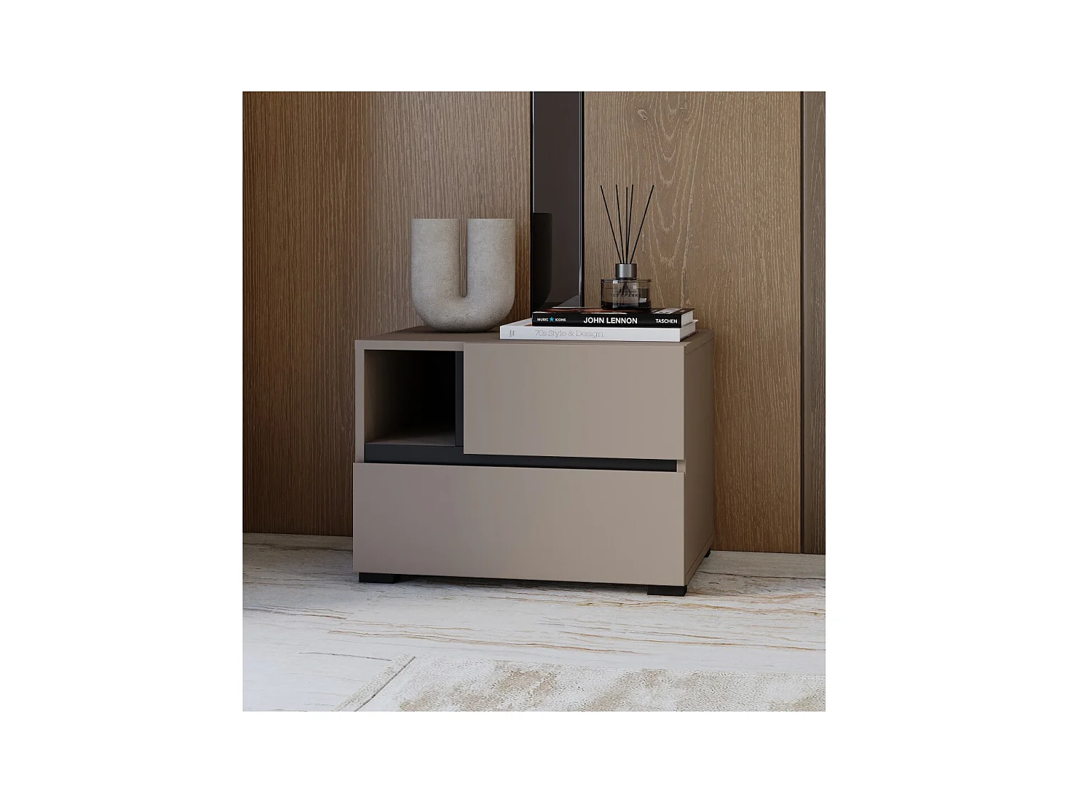 Mesa de cabeceira HAVANA bege e preta – 2 gavetas e 1 nicho – Armazenamento moderno e design elegante