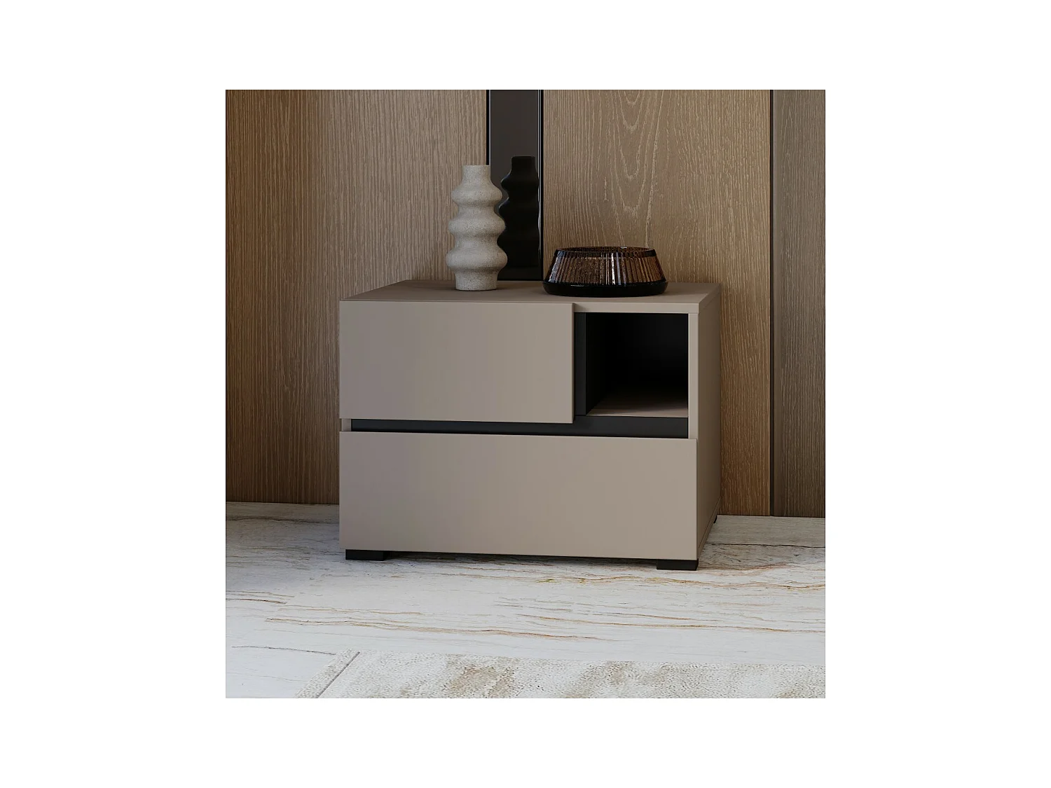 Mesa de cabeceira HAVANA bege e preta – 2 gavetas e 1 nicho – Armazenamento moderno e design elegante