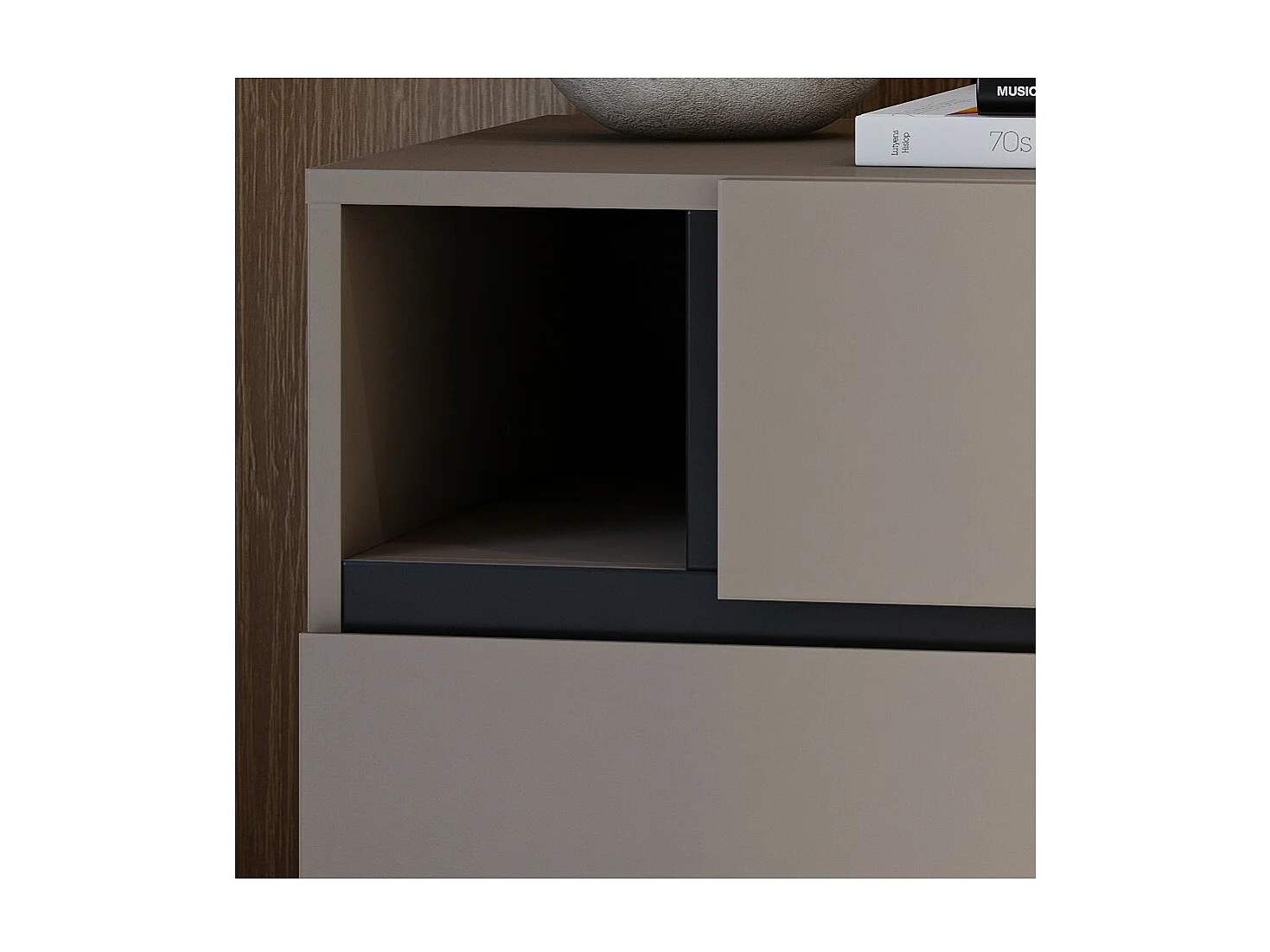 Mesa de cabeceira HAVANA bege e preta – 2 gavetas e 1 nicho – Armazenamento moderno e design elegante